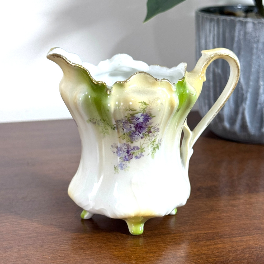 Vintage Footed Porcelain Creamer Purple Floral Green Gold Trim 3" Unmarked